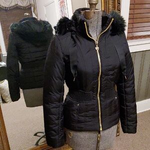Candies Black Puffer Coat  w/Faux Fur Lined Hood Size Small